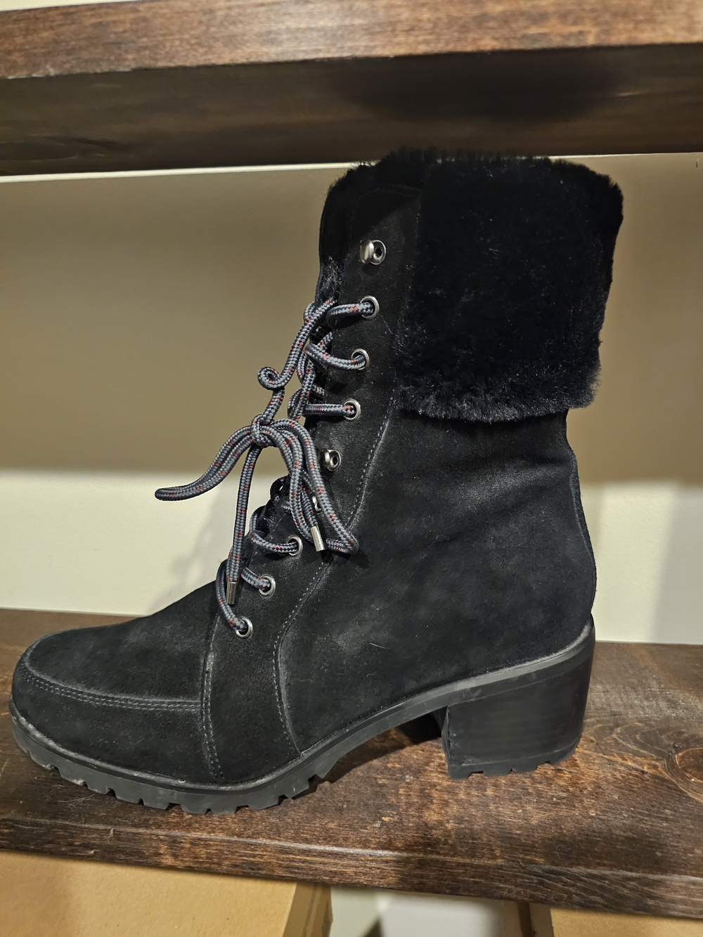 Women’s Black Suede Faux-Fur Lace-Up Block Heel Boot